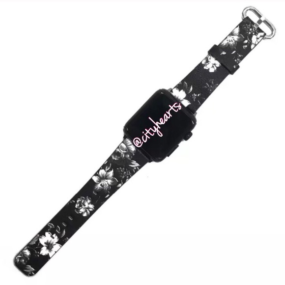 NEW Black Floral Vegan Leather Apple Watch Band - Picture 3 of 5